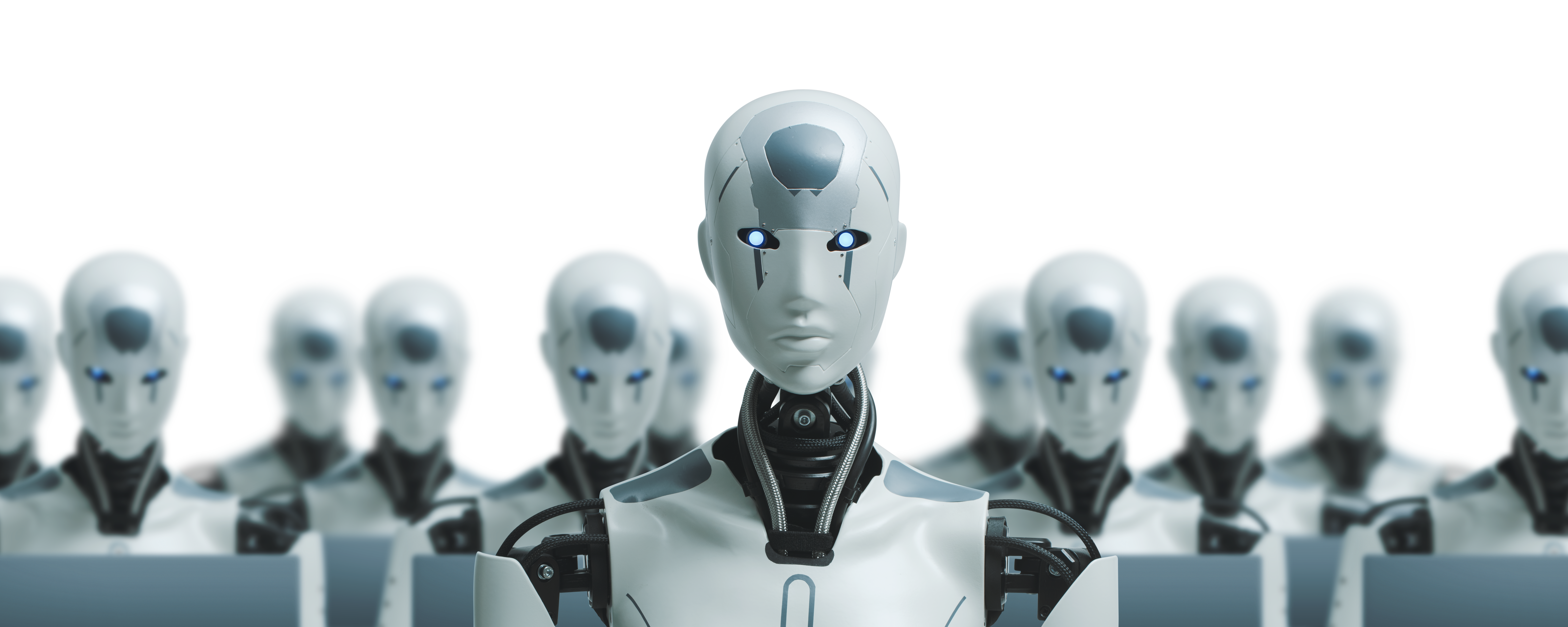 Many identical AI robots working with computers